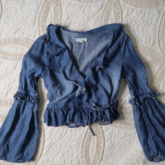 Denim Wrap Bell Sleeved Top - Picture 2 of 2